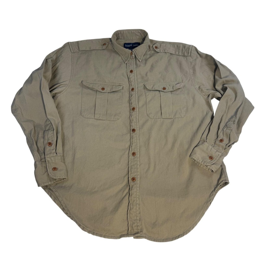 Ralph Lauren Mens Safari Military Field Shirt Khaki Tan Cotton Twill‎ Size 8